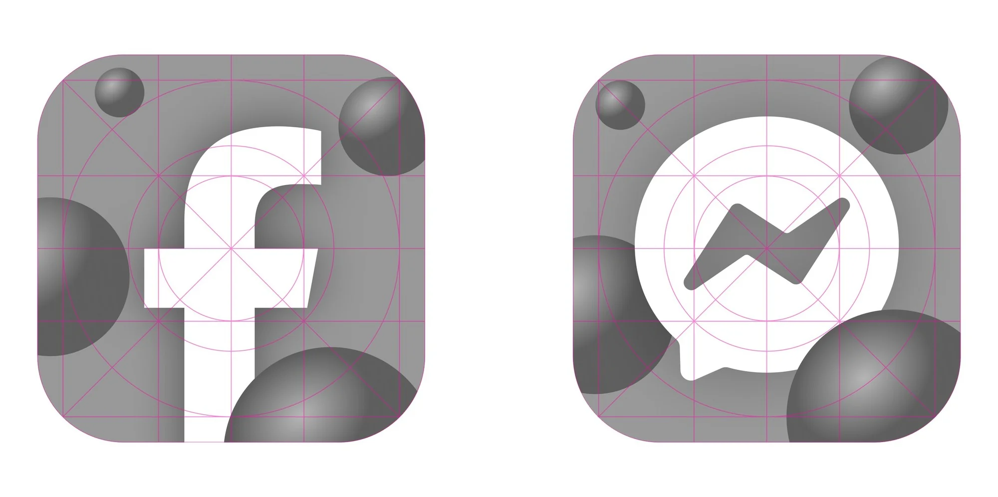 Construction grids for the Facebook and Messenger icons, built on the negative space of the original logos