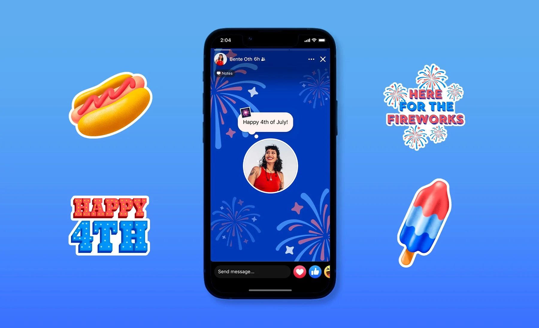 4th of July: a Facebook story with a &ldquo;Happy 4th of July!&rdquo; note, framed by hot dog, Happy 4th, fireworks and popsicle stickers