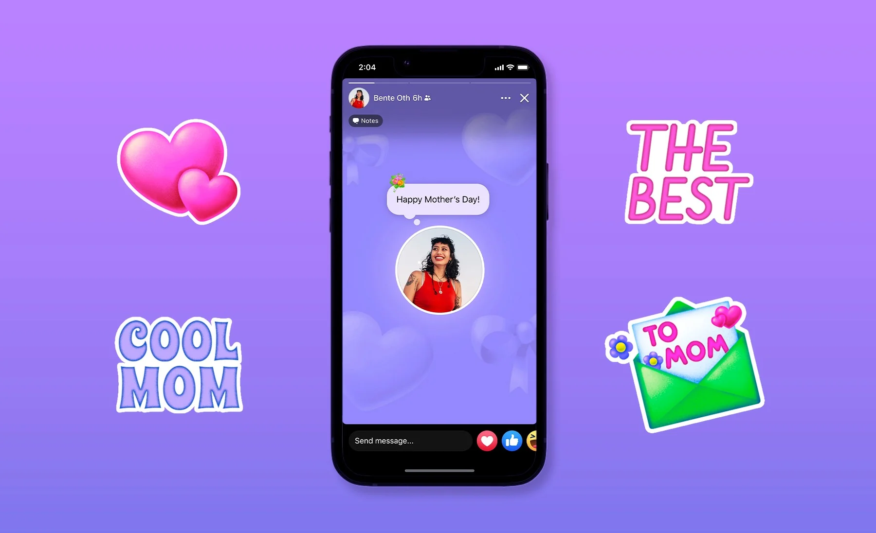 Mother&rsquo;s Day: a Facebook story with a &ldquo;Happy Mother&rsquo;s Day&rdquo; note, framed by Cool Mom, The Best, heart and envelope stickers