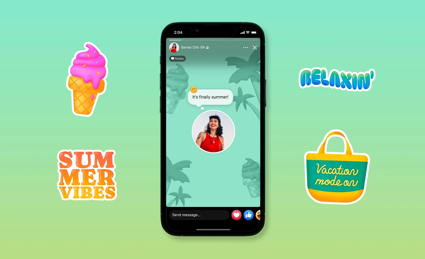 Start of Summer: a Facebook story with an &ldquo;It&rsquo;s finally summer!&rdquo; note, framed by ice cream, Summer Vibes, Relaxin&rsquo; and tote bag stickers