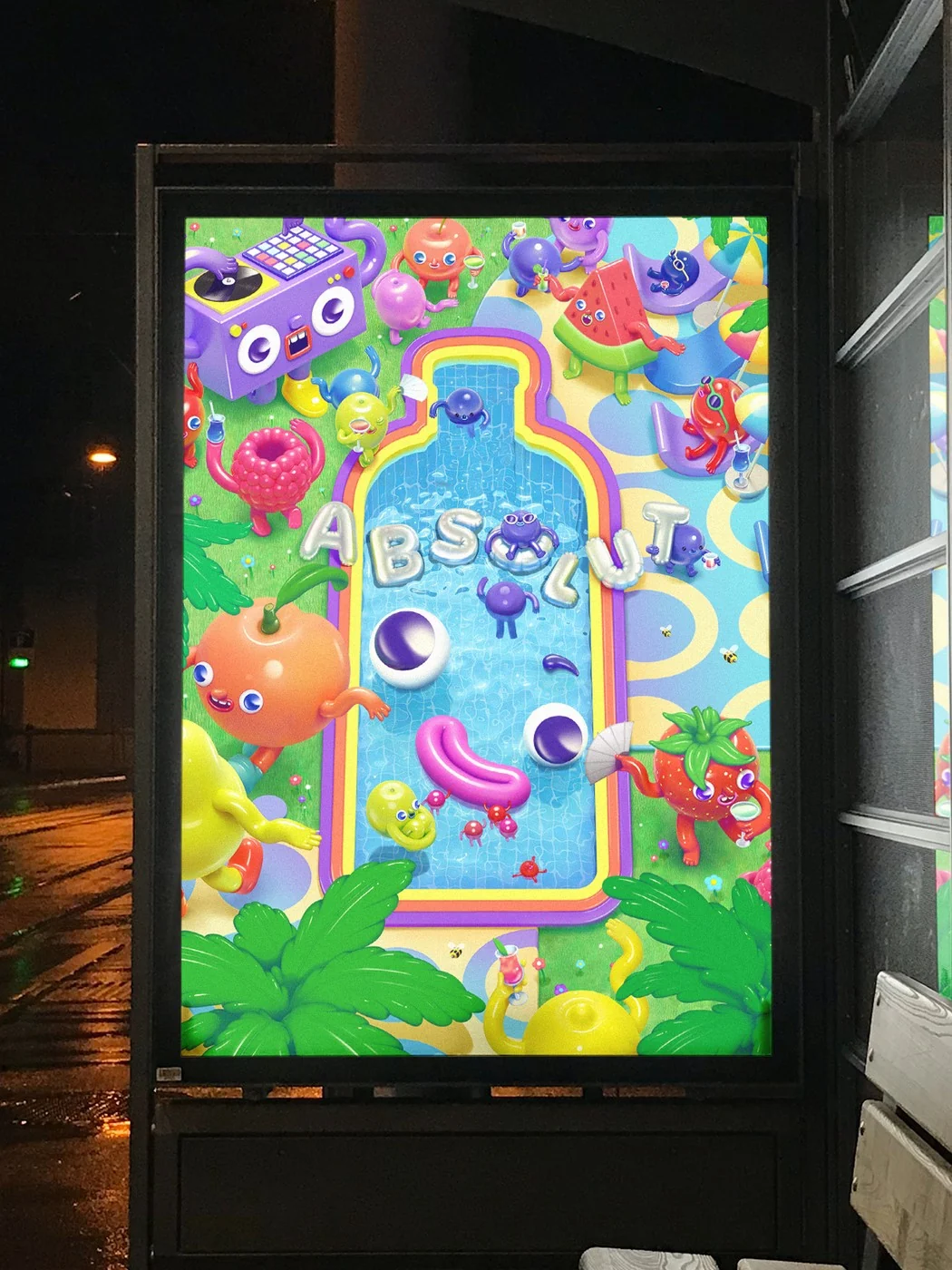 Absolut Pool Party: fruit characters around a bottle-shaped pool, on a lit bus stop poster at night