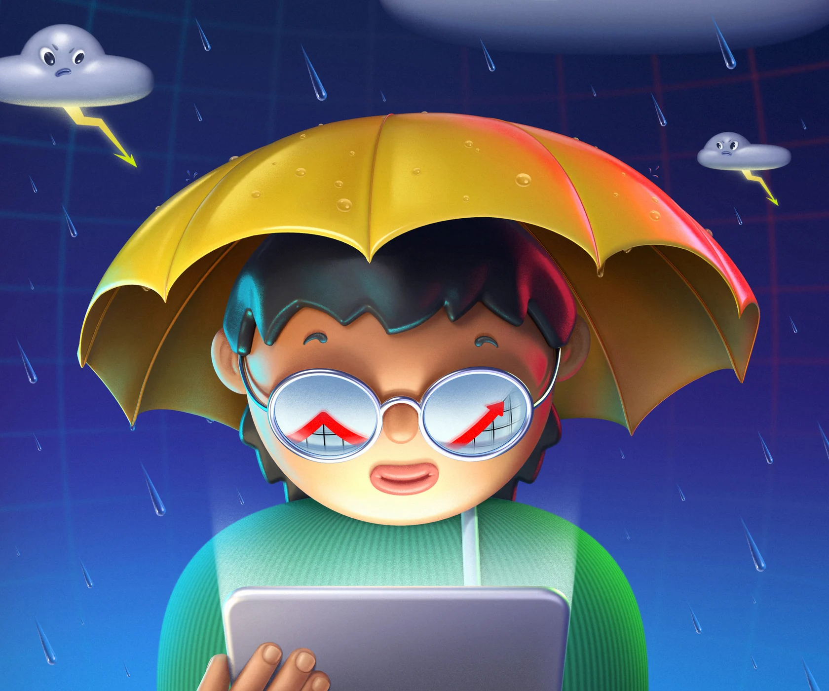 New York Times illustration for a bond market column: an investor under a yellow umbrella reads a tablet in a storm, rising chart lines reflected in his glasses