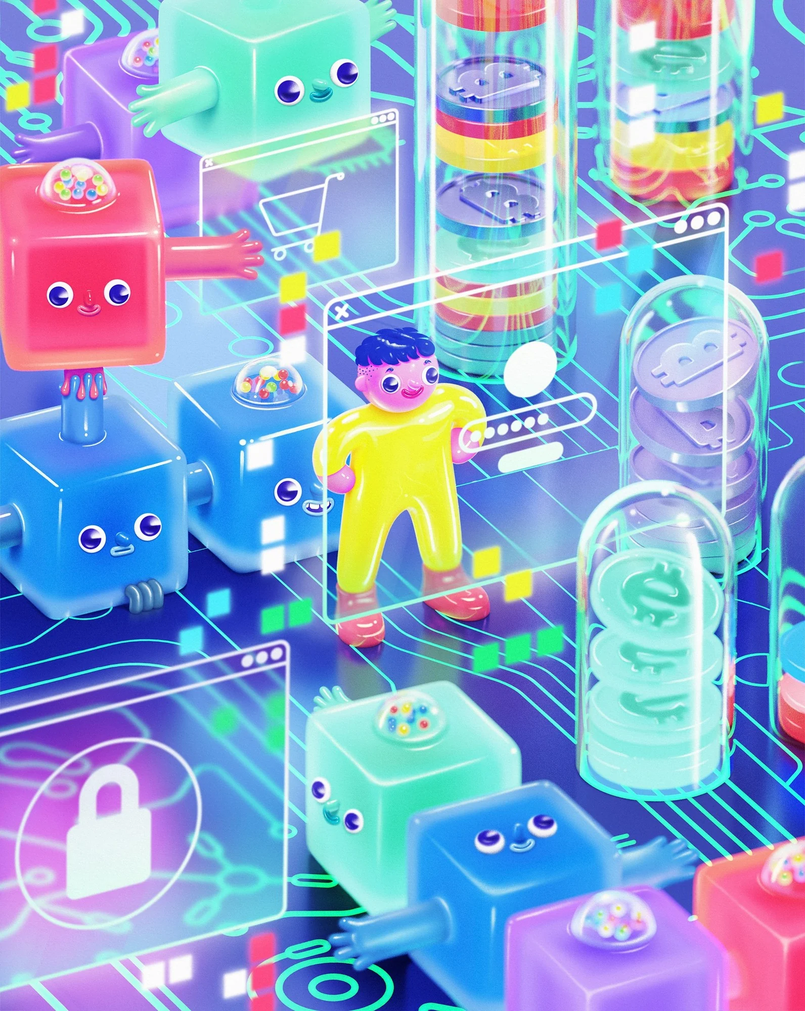 The opening illustration: a figure in a yellow suit logging in among glossy cube characters, coin tubes and floating browser windows