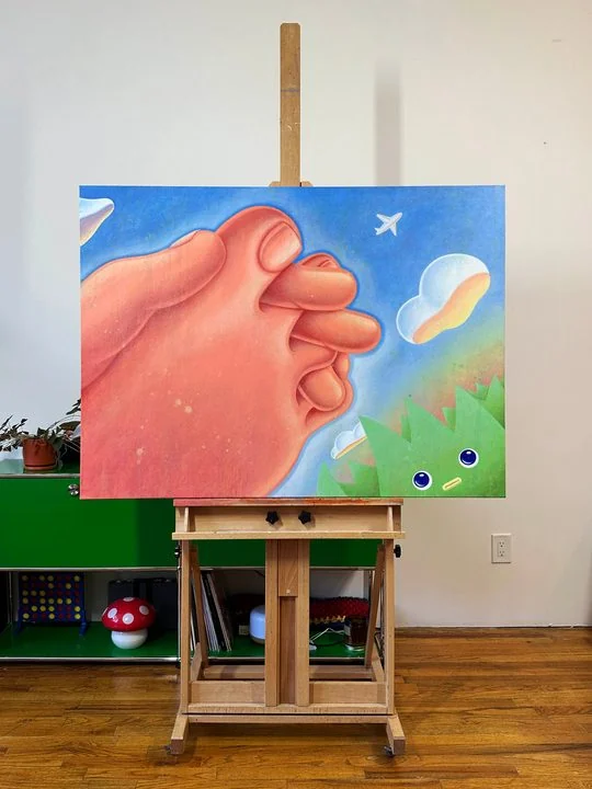 Comfort on the easel in the studio, showing its size.