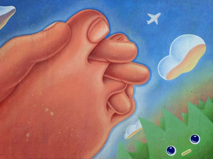 Comfort, 2025, acrylic painting of interlaced fingers against a blue sky.