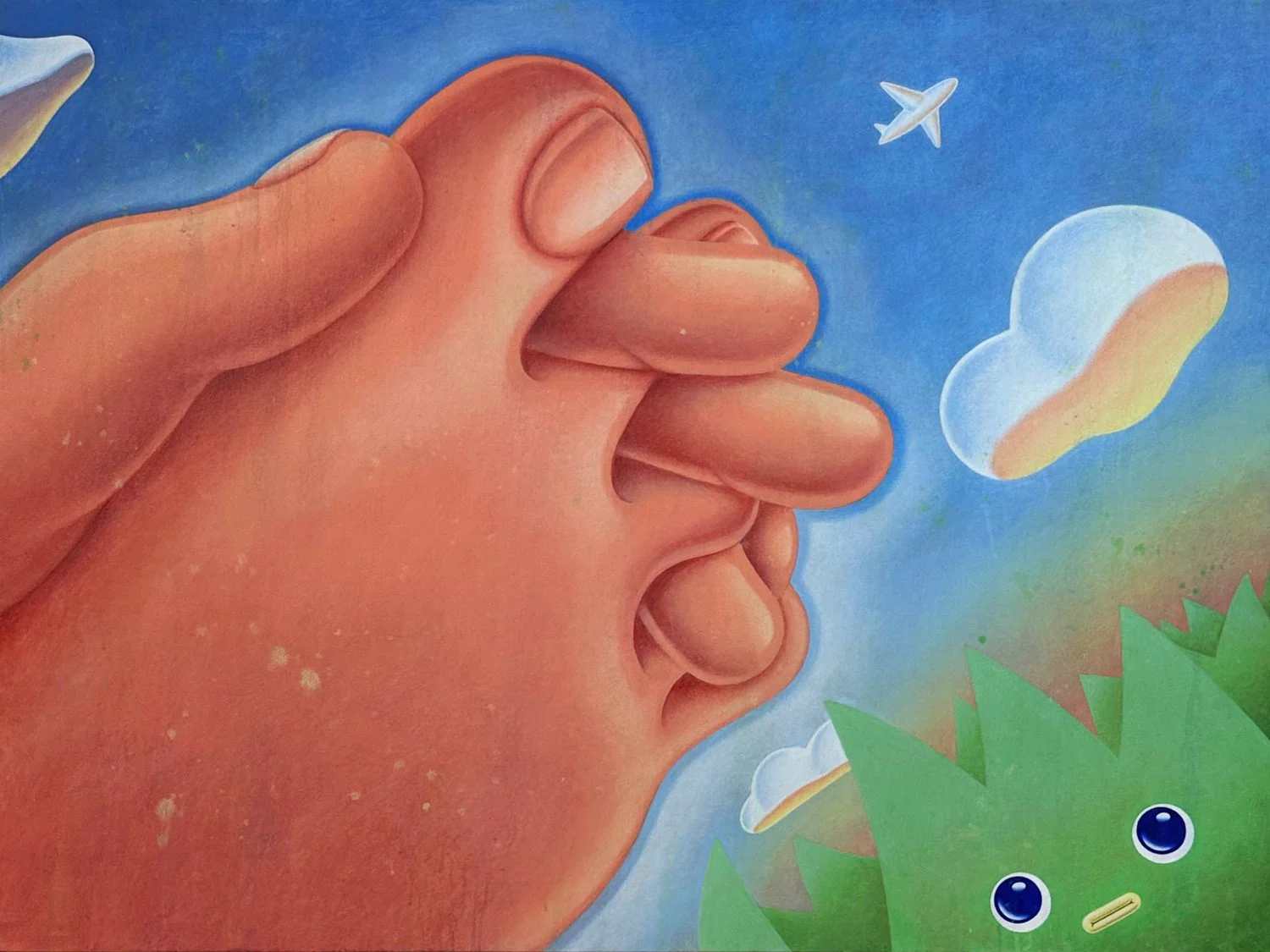 Comfort, 2025, acrylic painting of interlaced fingers against a blue sky.
