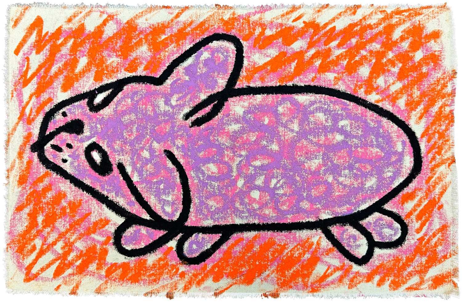 Freddy, 2026, oil painting of a purple dog on an orange scribbled ground.