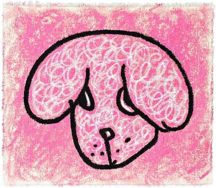 Oil painting of Rosie the dog with pink fur on pink canvas.