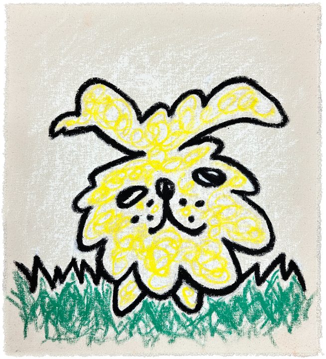 Susy, 2026, oil painting of a yellow dog in green grass.